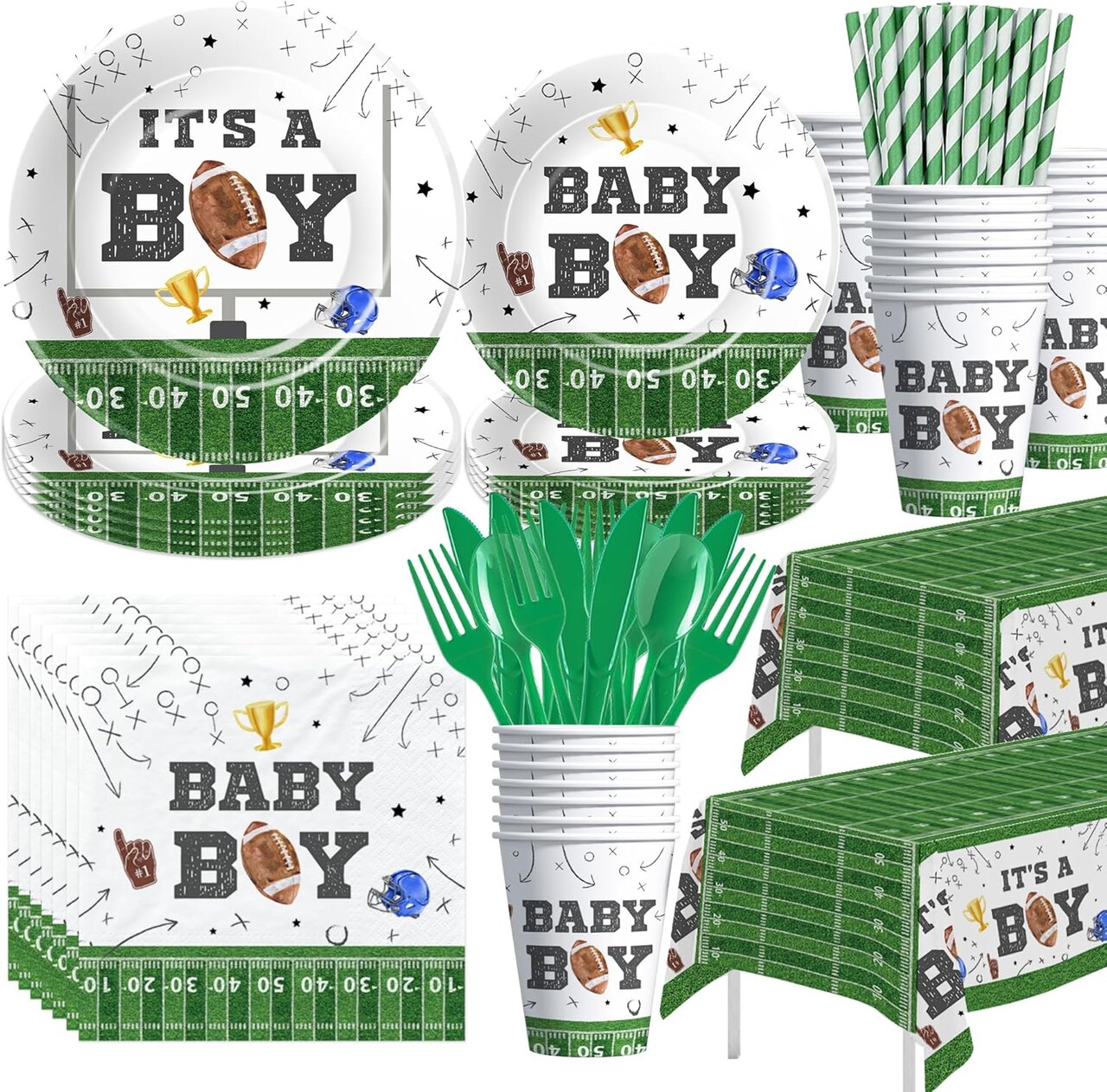 Football Baby Shower Decorations & Tableware Serve 24 (Green, White)
